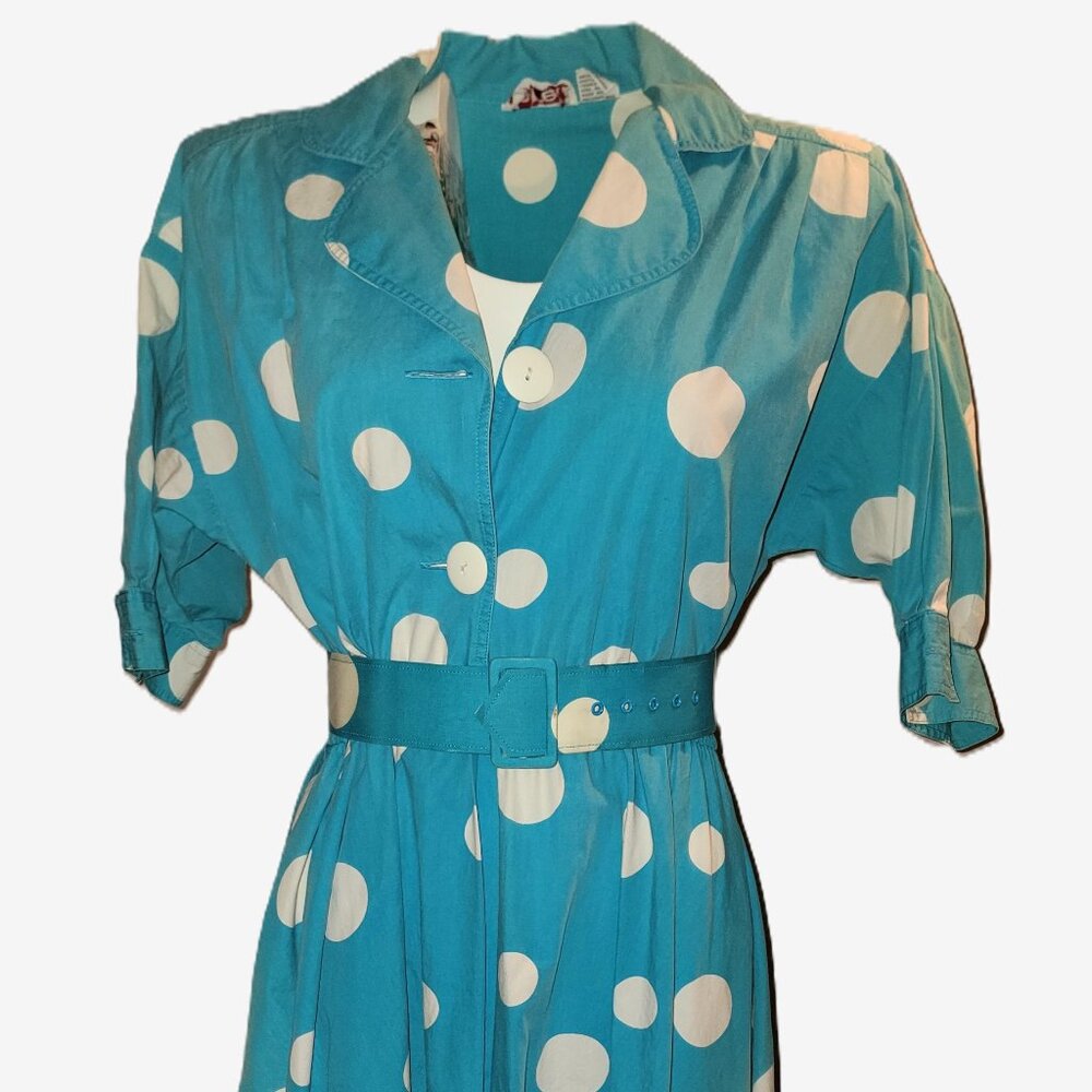 Vintage Jerell of Texas Women's Size 12 Polka Dot Dress Blue 80s Cotton Midi